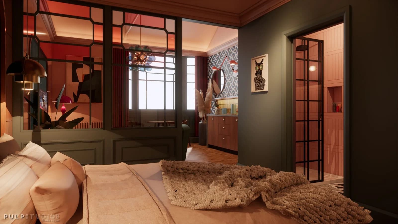 Open-plan bedroom with decorative screen and walnut kitchenette