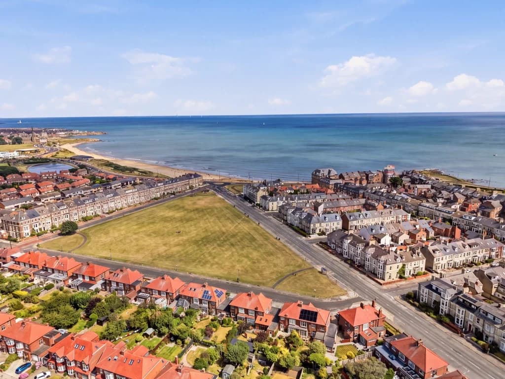 Aerial view of Tynemouth coastline, Longsands and the North Sea.