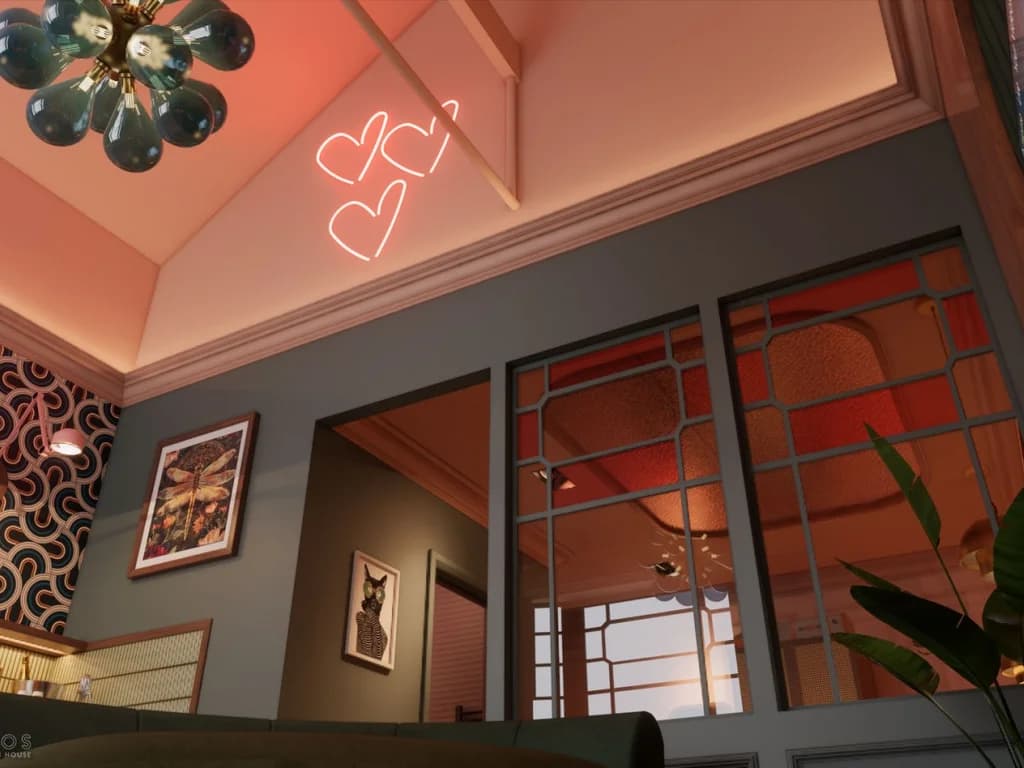 Decorative lighting, feature wallpaper and glazed room divider
