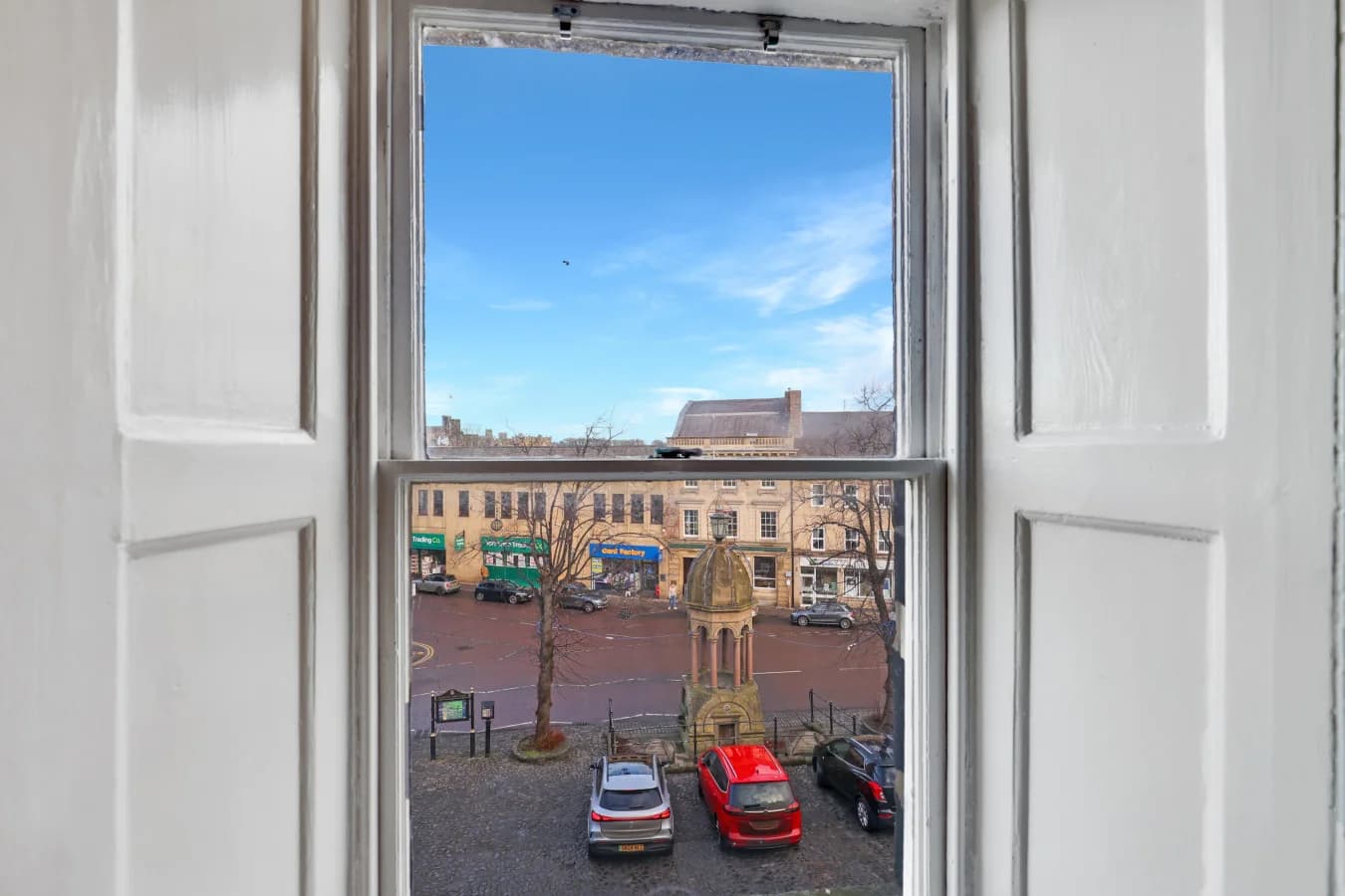 Elevated views over Alnwick's cobbled marketplace and rooftops