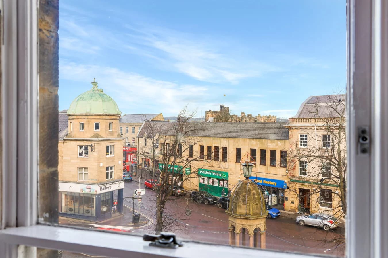 Elevated views across Alnwick's historic marketplace from the apartment window