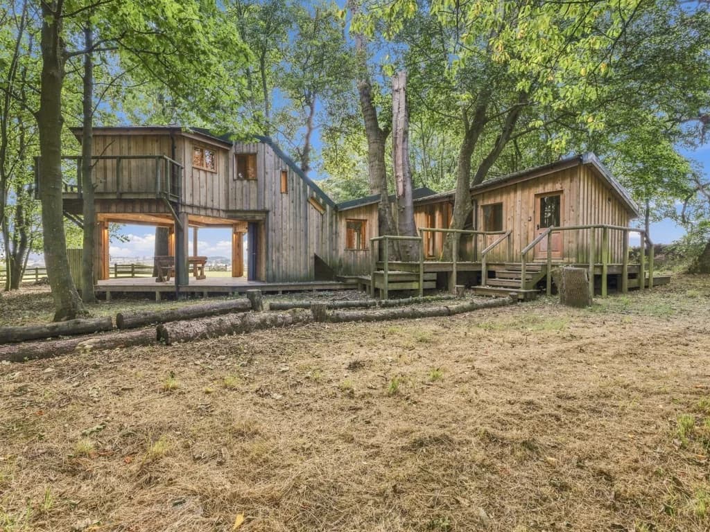Timber exterior with raised decks and mature woodland surroundings