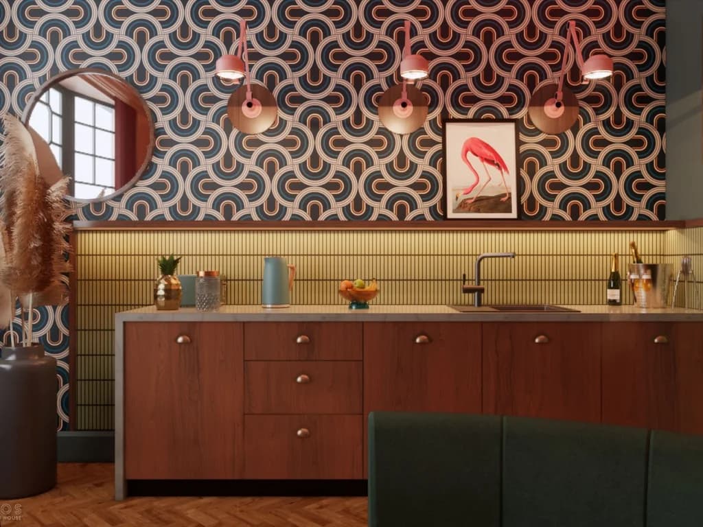 Walnut kitchenette with green tiled splashback and patterned wallpaper